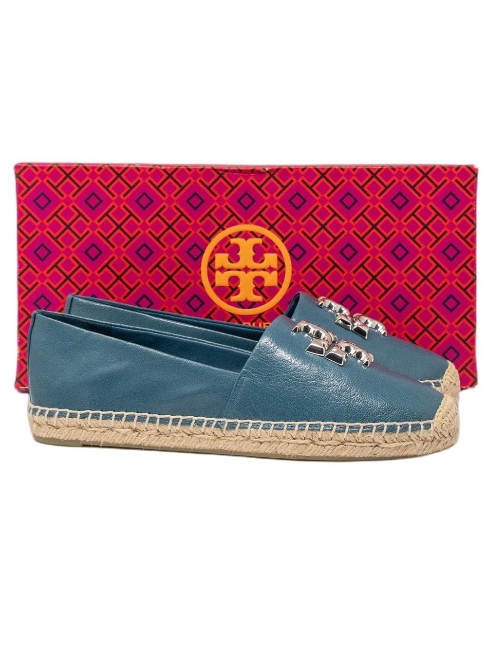 Tory Burch Eleanor Espadrilles in Brisk Blue Leather Silver Logo size 7.5